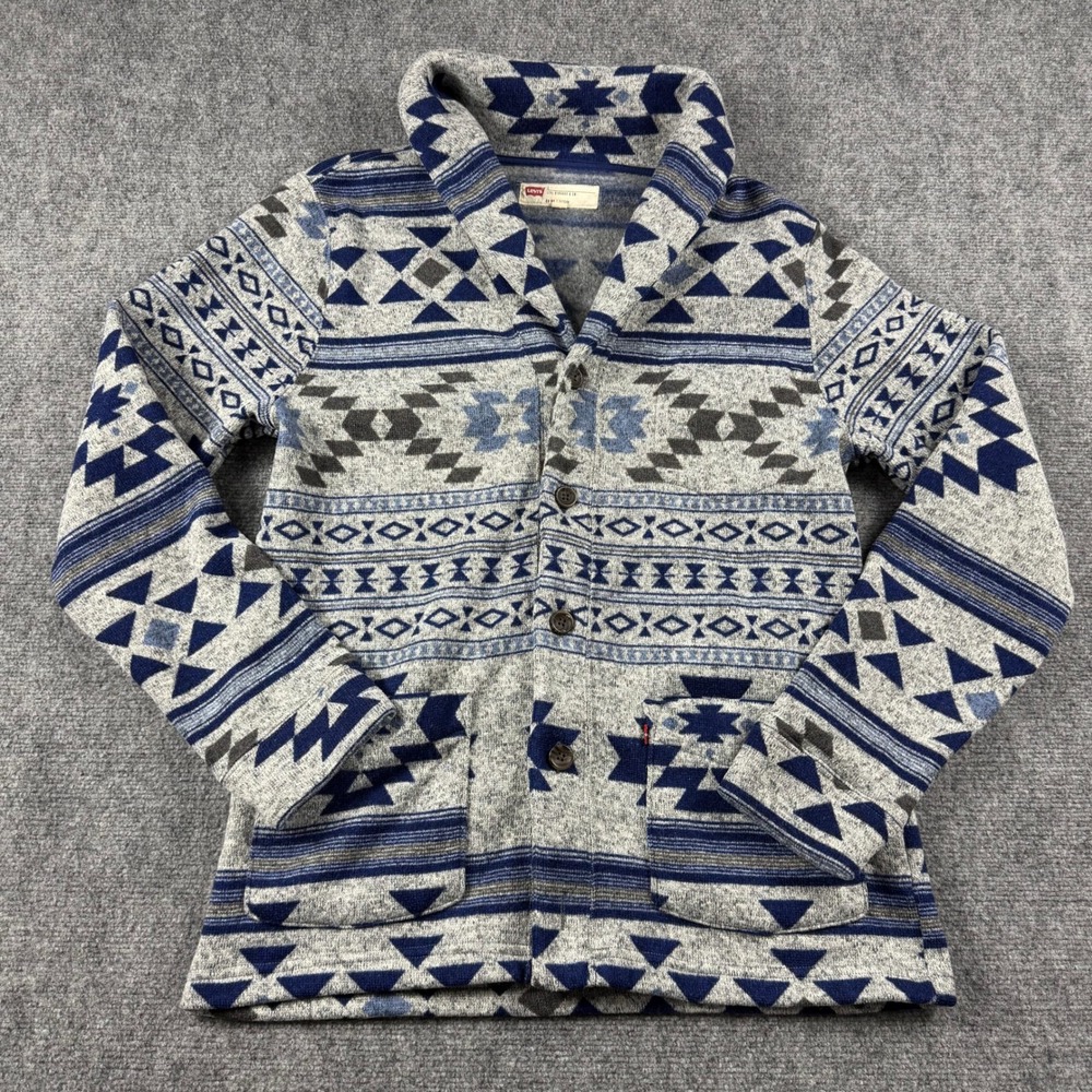 Levi's Cardigan Mens Large Blue Southwestern Shawl Collar Fleece Sweater